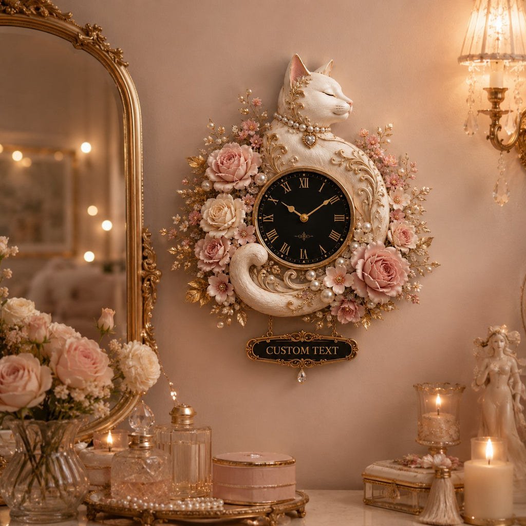 White cat Custom Name Wall Clock — personalized with a custom name