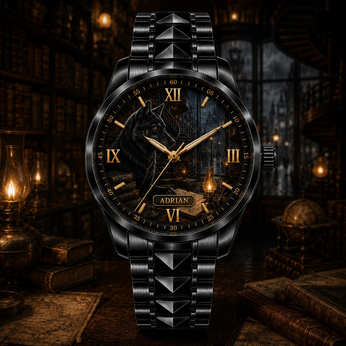 Custom Midnight Wolf Library Watch — personalized with a custom name