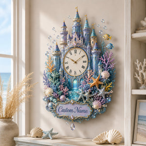 Personalized Underwater Castle Wall Clock with Custom Name - Silent Quartz Printed Acrylic Housewarming Gift