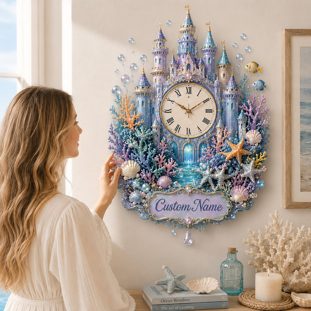 Underwater Castle Custom Name Wall Clock — personalized with a custom name