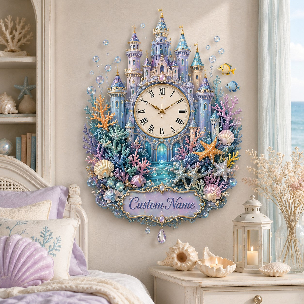 Underwater Castle Custom Name Wall Clock — personalized with a custom name