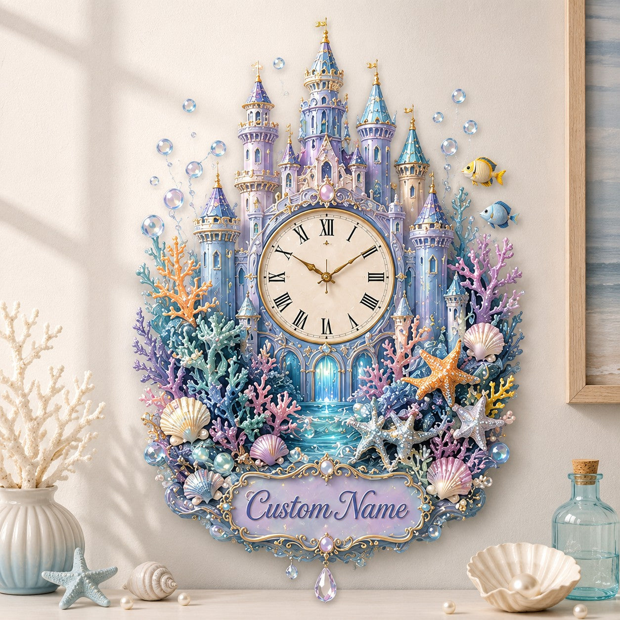 Underwater Castle Custom Name Wall Clock — personalized with a custom name