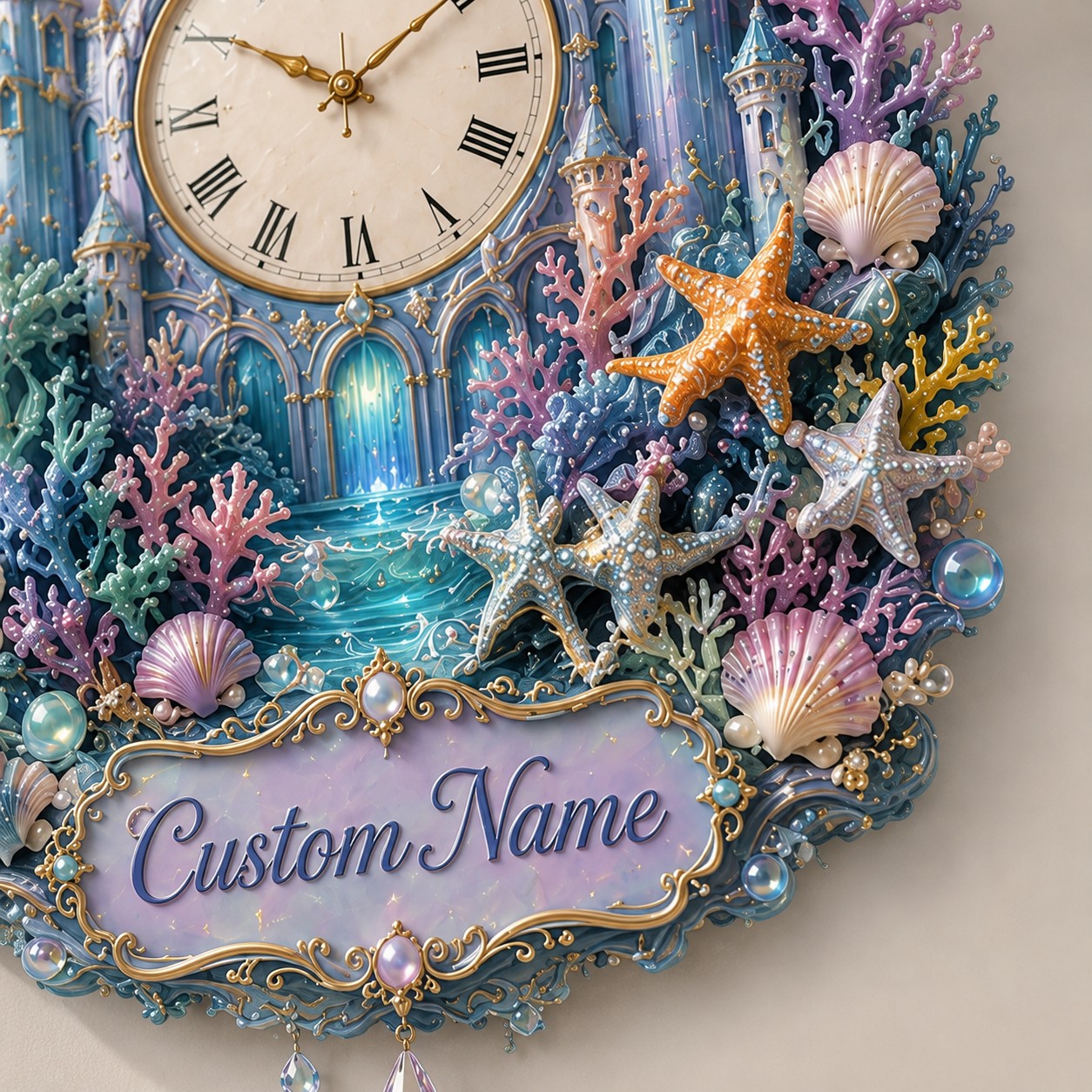 Underwater Castle Custom Name Wall Clock — personalized with a custom name