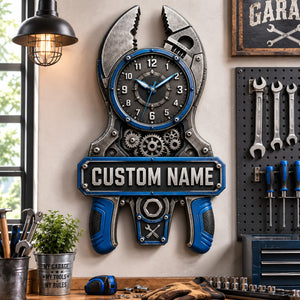 Personalized Mechanic Pliers Wall Clock with Custom Name - Silent Quartz Printed Acrylic Housewarming Gift