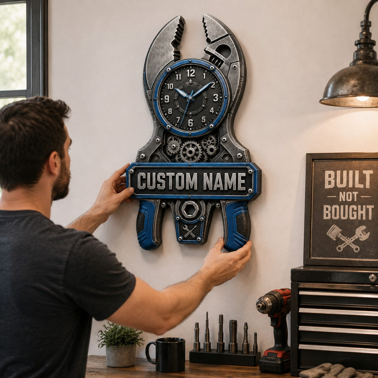 Mechanic pliers Custom Name Wall Clock — personalized with a custom name