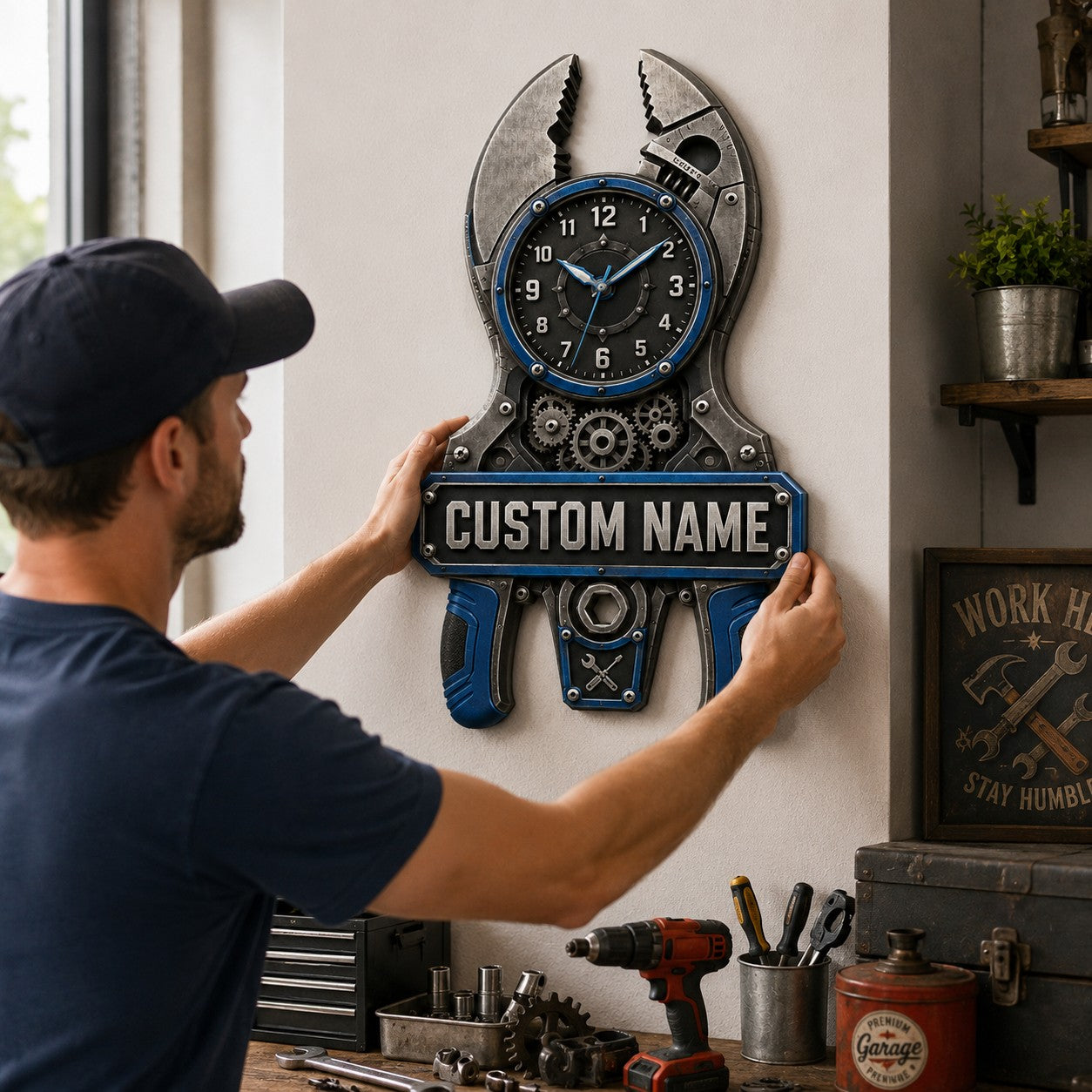 Mechanic pliers Custom Name Wall Clock — personalized with a custom name