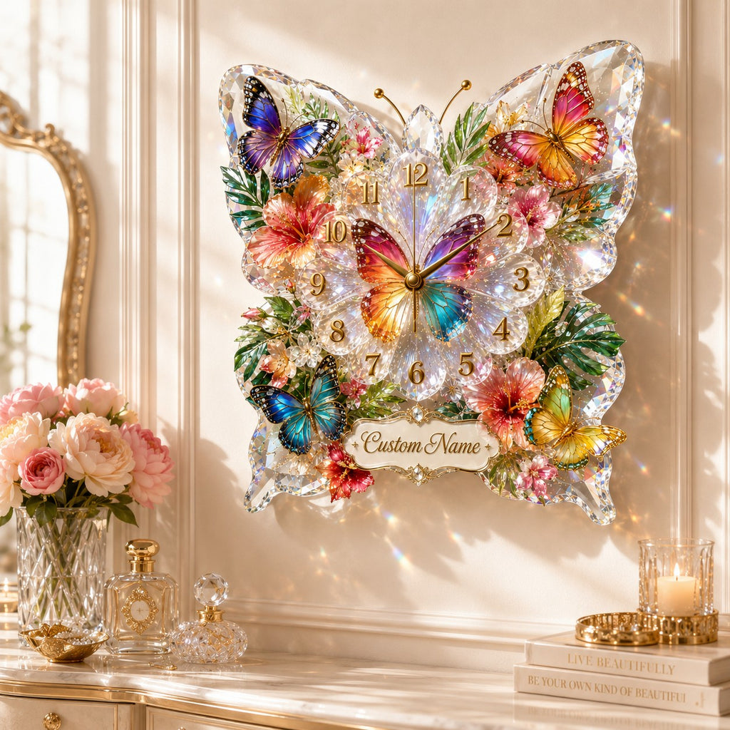 Colorful butterfly Custom Name Wall Clock — personalized with a custom name