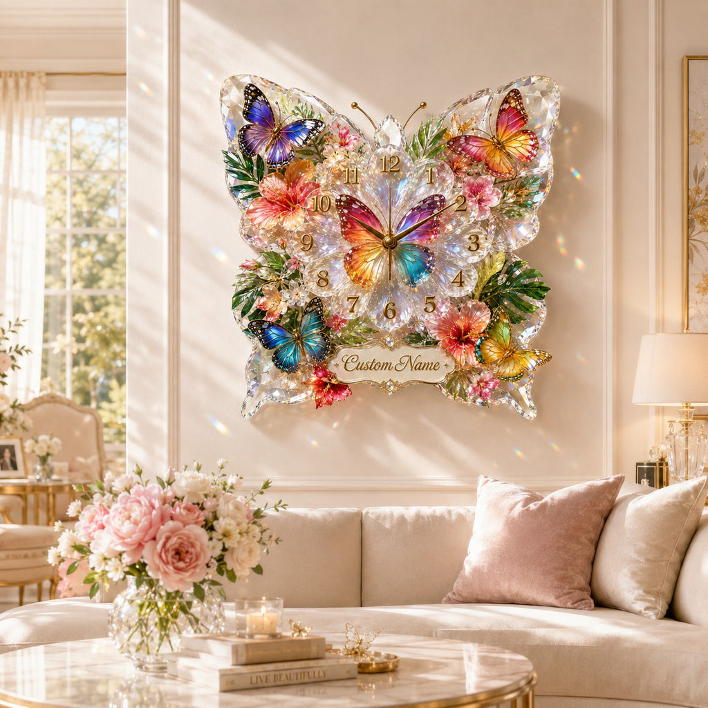 Colorful butterfly Custom Name Wall Clock — personalized with a custom name