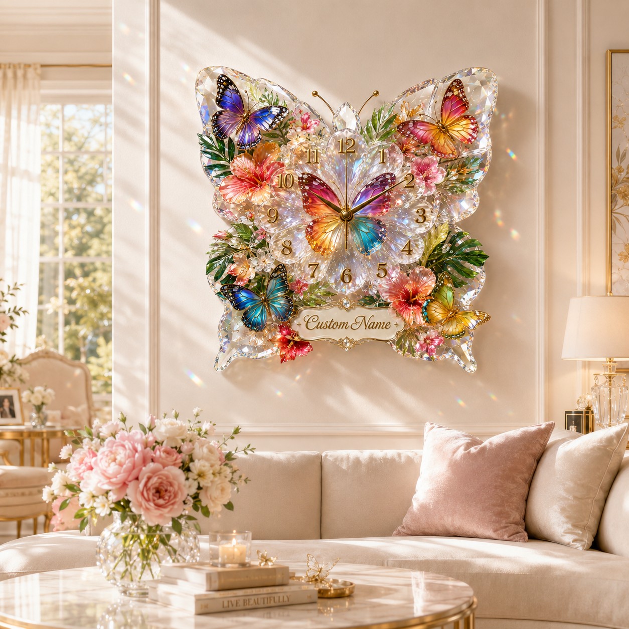 Colorful butterfly Custom Name Wall Clock — personalized with a custom name