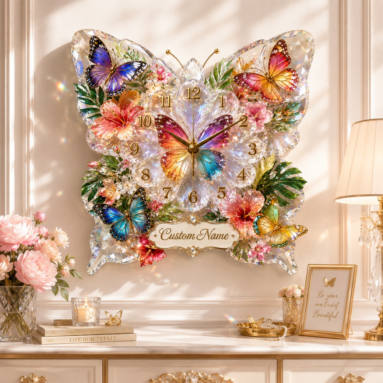 Colorful butterfly Custom Name Wall Clock — personalized with a custom name