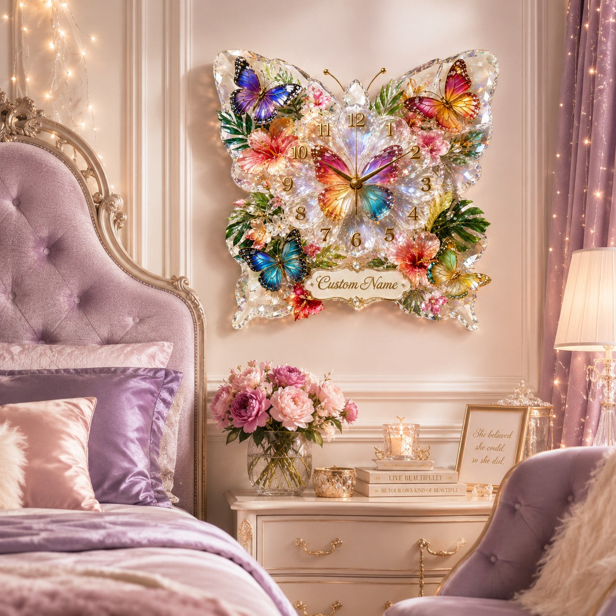Colorful butterfly Custom Name Wall Clock — personalized with a custom name