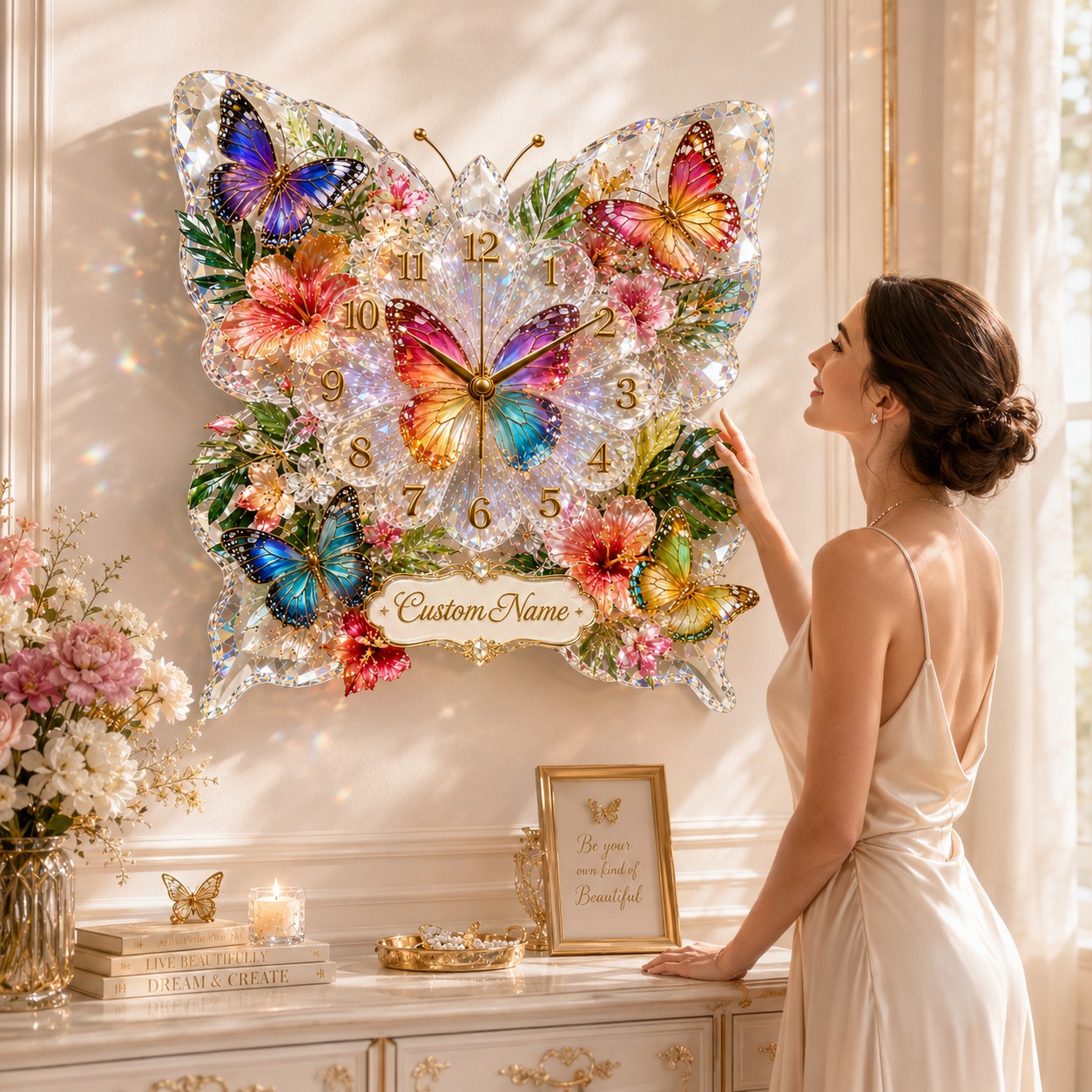 Colorful butterfly Custom Name Wall Clock — personalized with a custom name