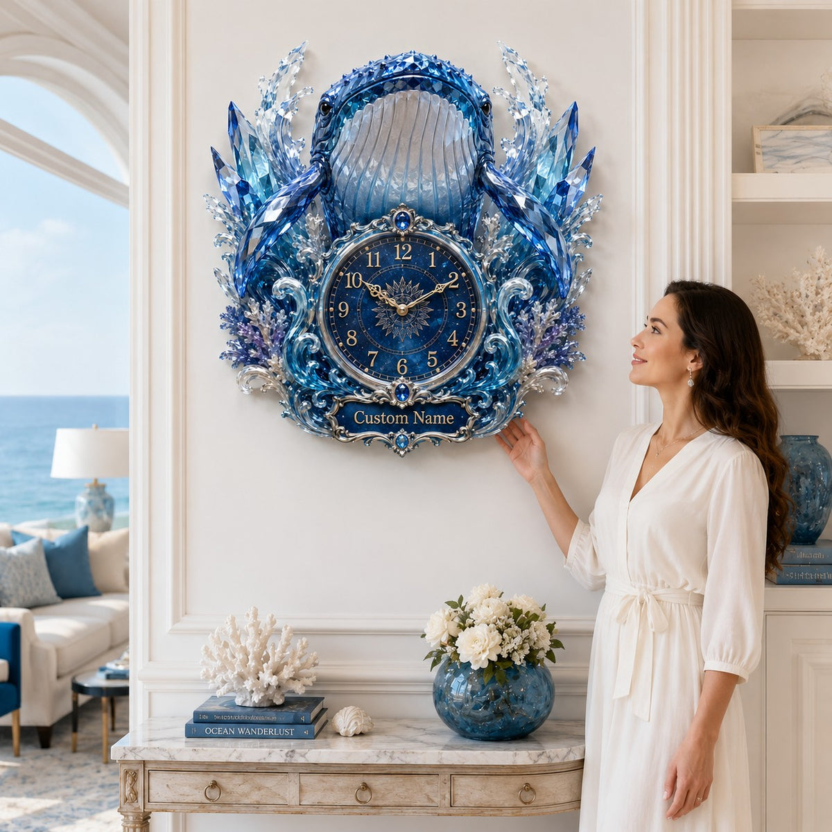 Personalized front-facing whale wall clock — personalized with a custom name