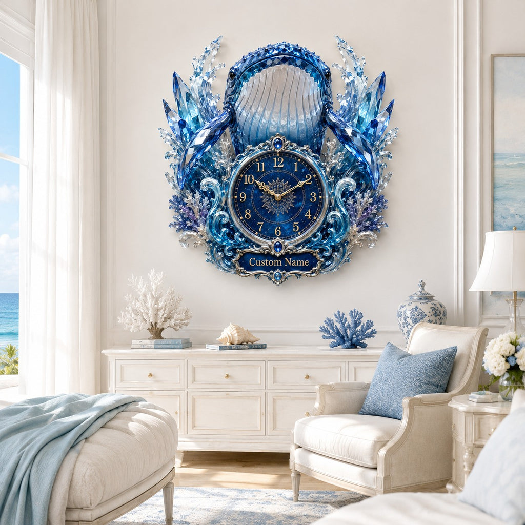 Personalized front-facing whale wall clock — personalized with a custom name