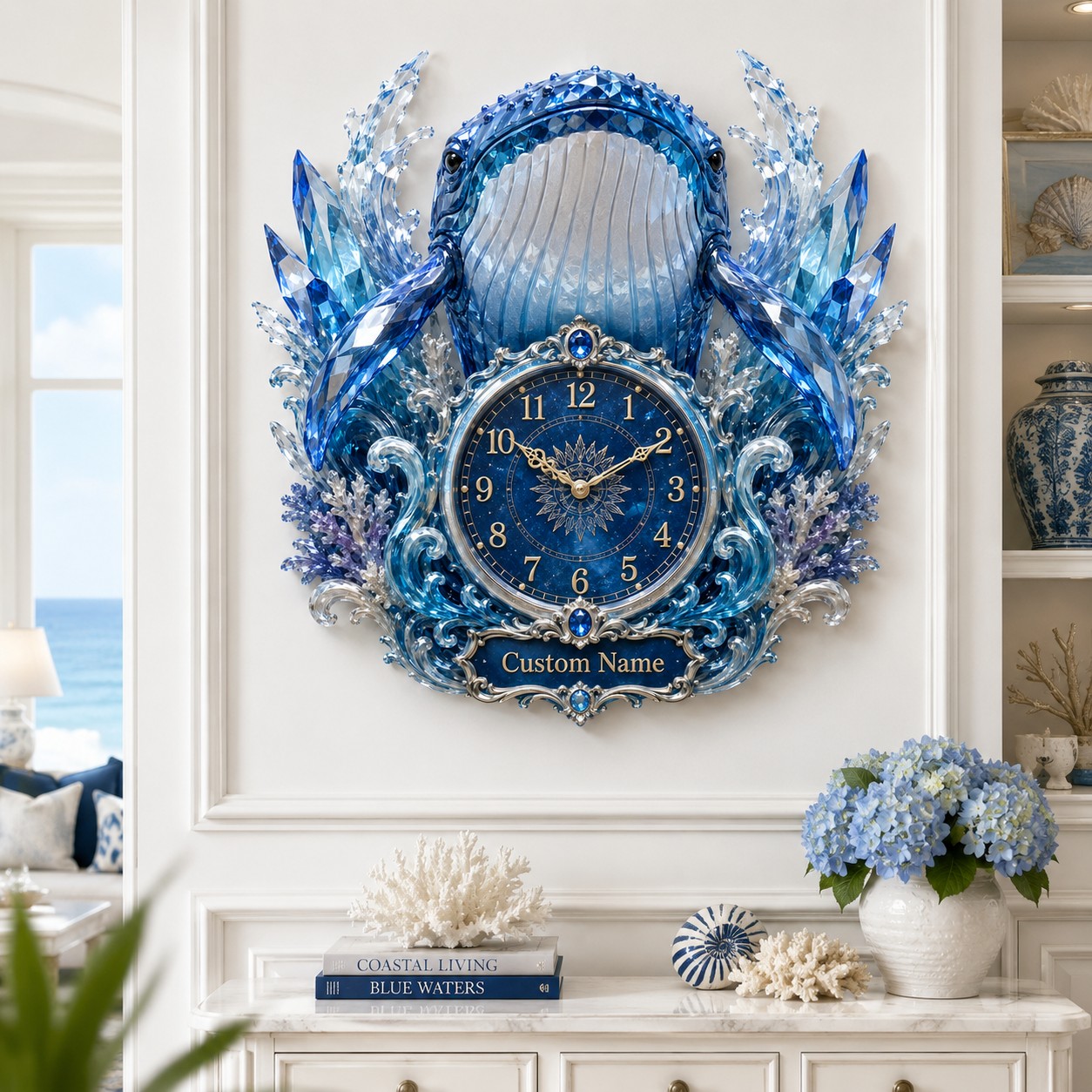 Personalized front-facing whale wall clock — personalized with a custom name