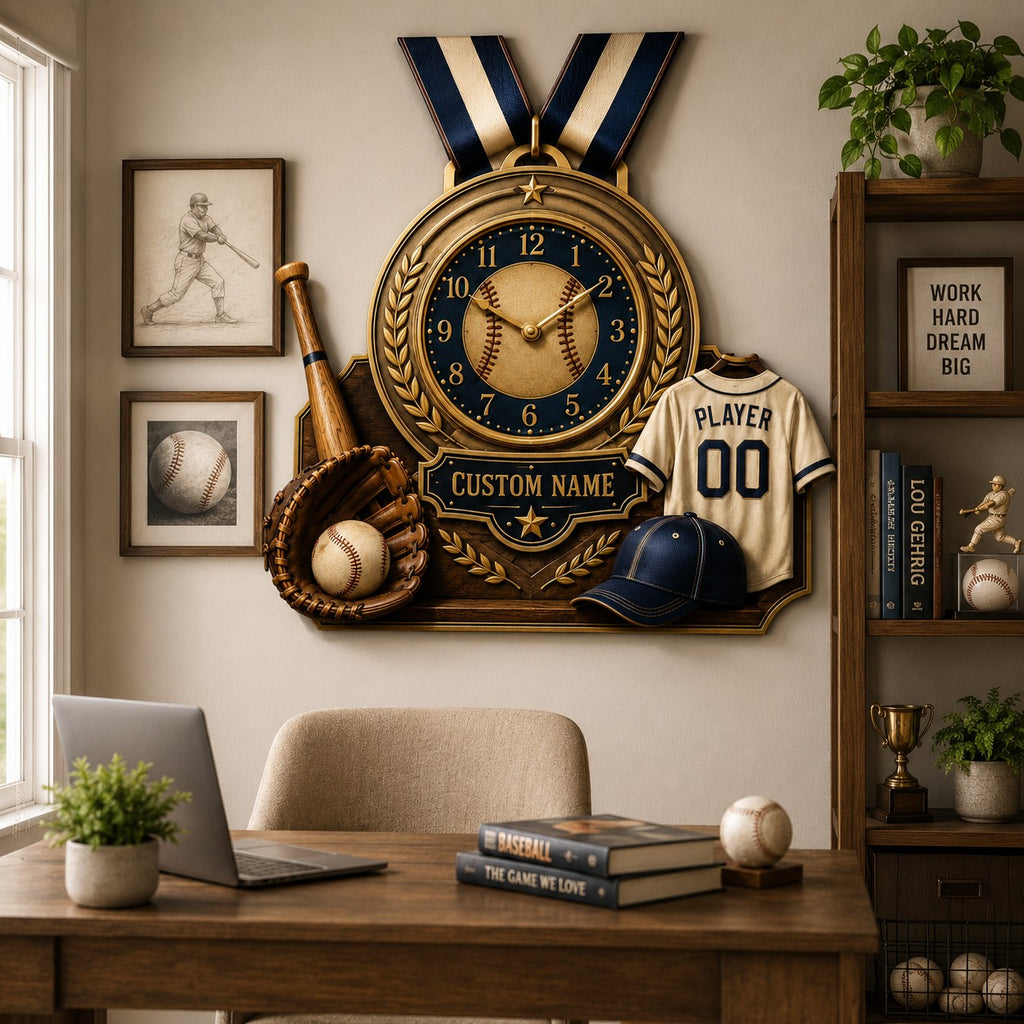 Baseball achievement Custom Name Wall Clock — personalized with a custom name