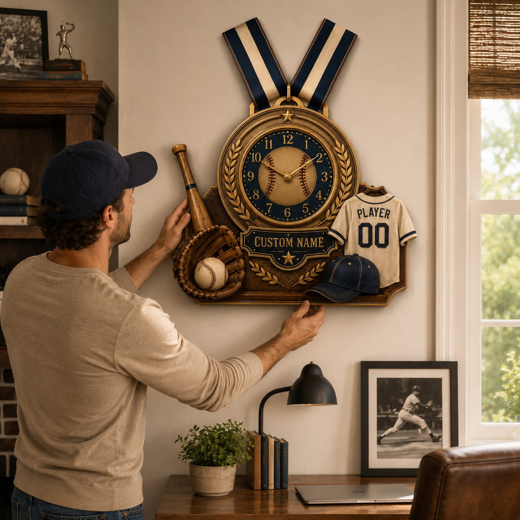 Baseball achievement Custom Name Wall Clock — personalized with a custom name