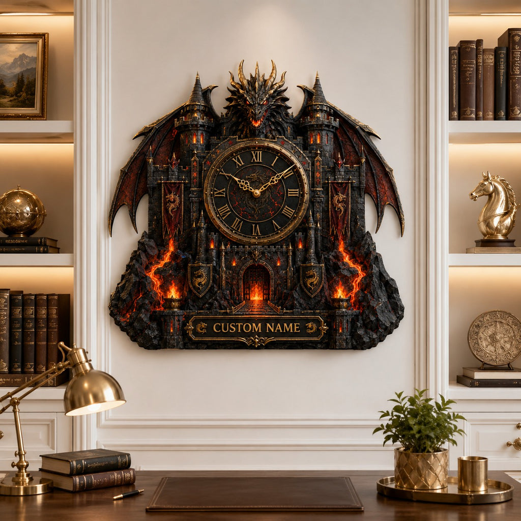 Dragon fortress Custom Name Wall Clock — personalized with a custom name