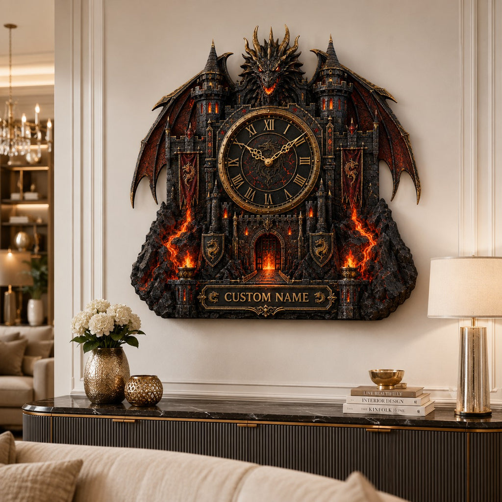 Dragon fortress Custom Name Wall Clock — personalized with a custom name