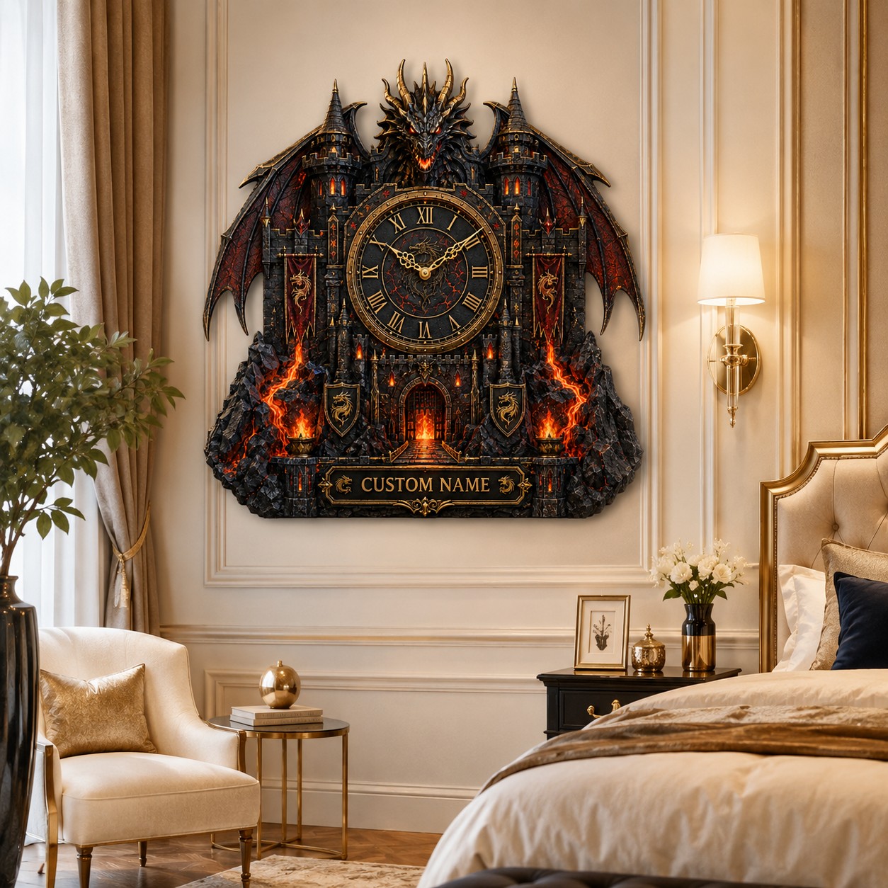 Dragon fortress Custom Name Wall Clock — personalized with a custom name