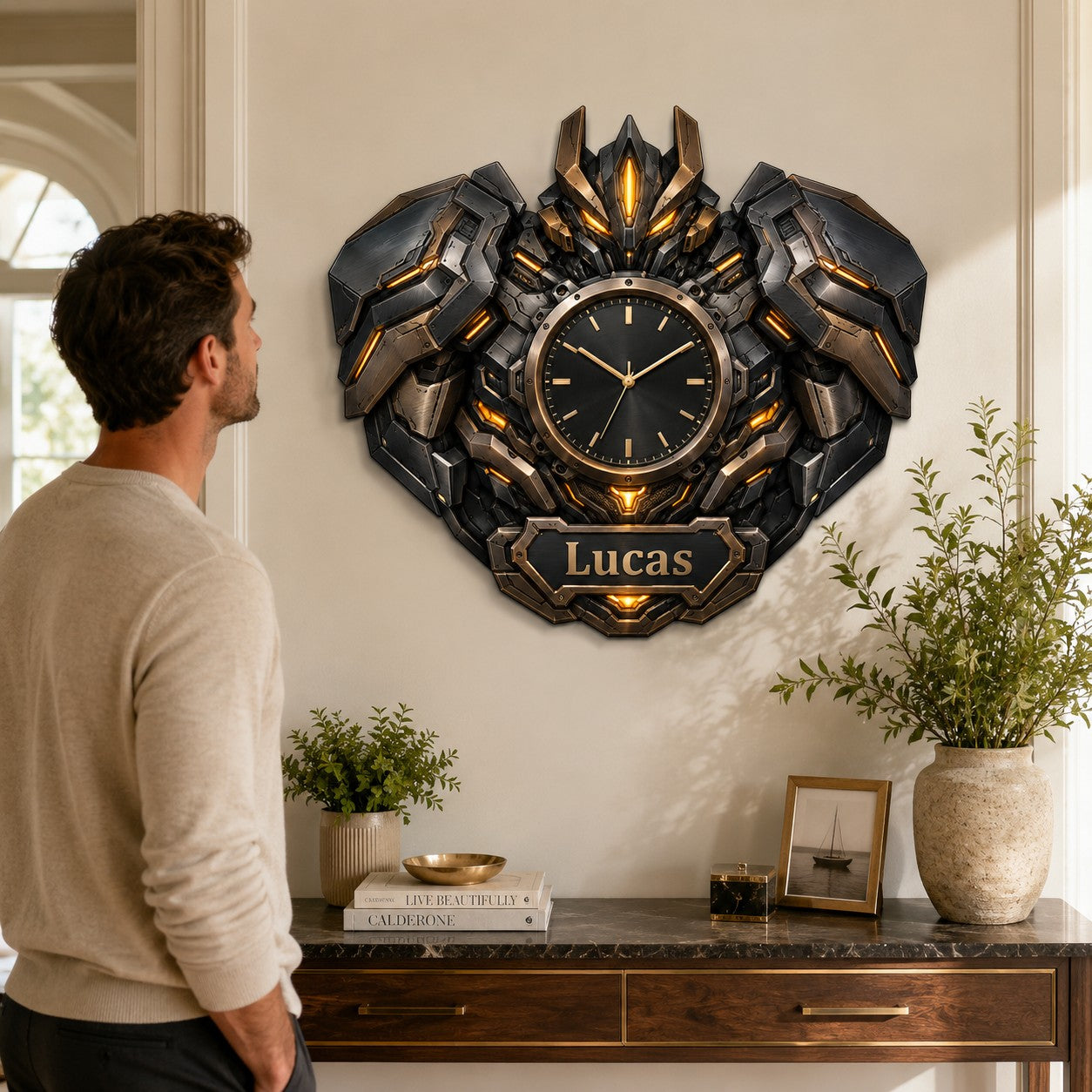 Bronze robot Custom Name Wall Clock — personalized with a custom name