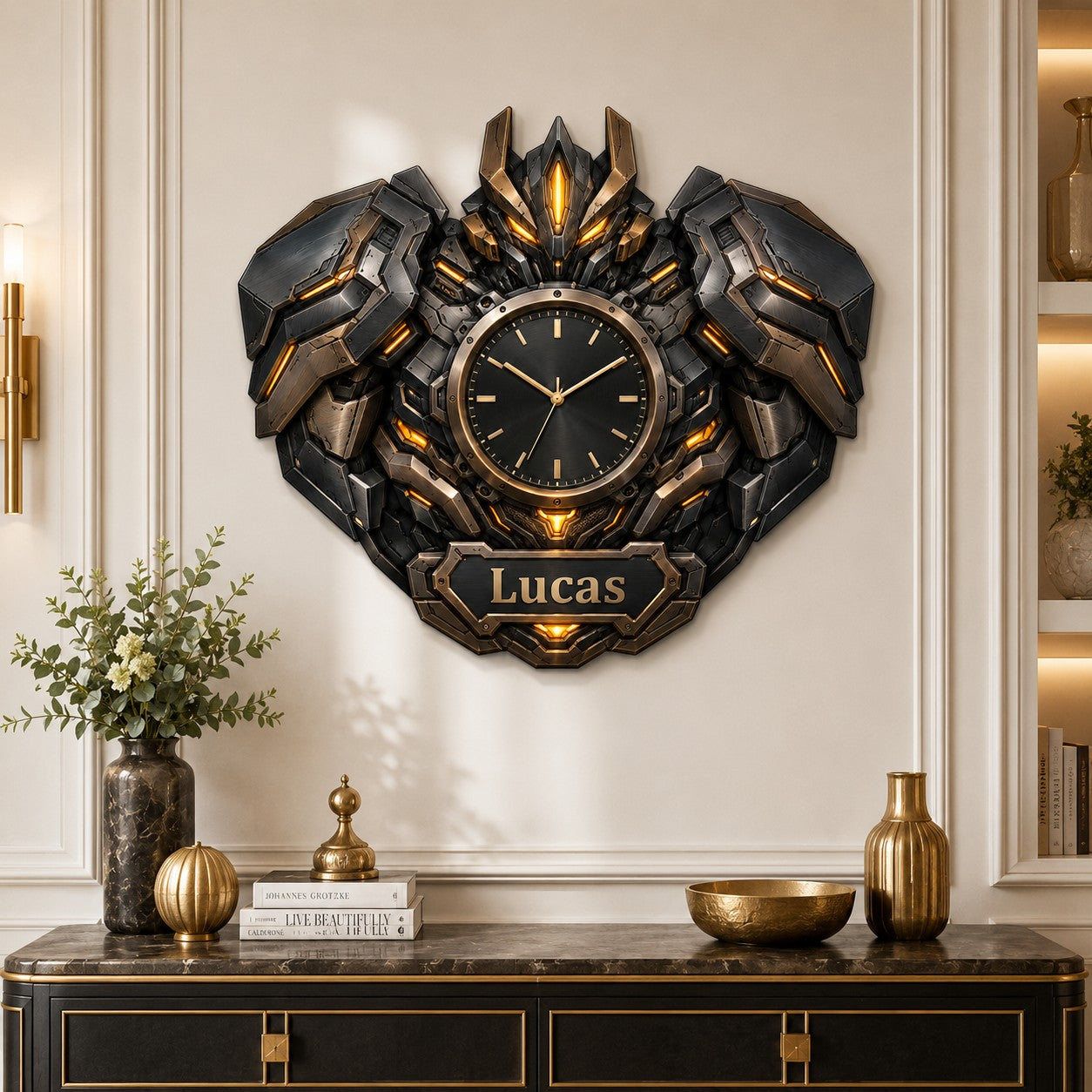 Bronze robot Custom Name Wall Clock — personalized with a custom name