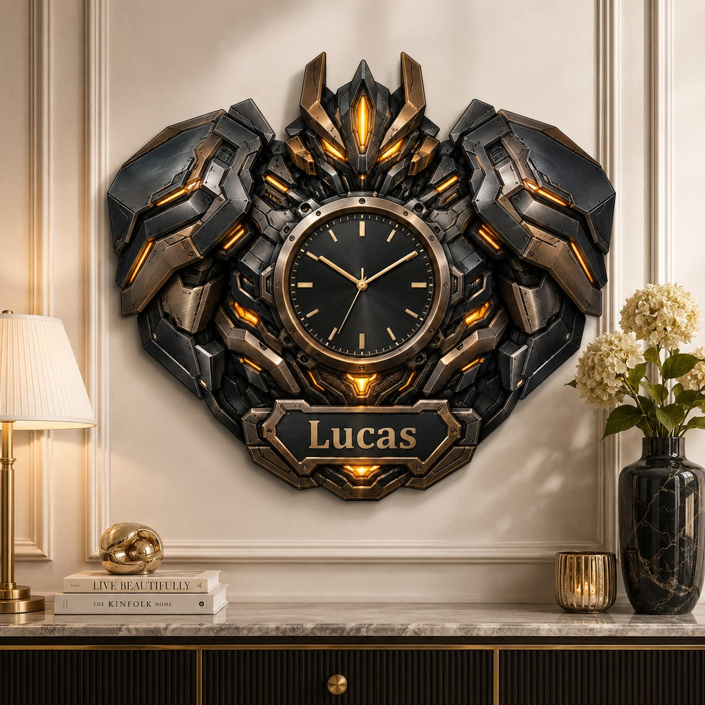 Bronze robot Custom Name Wall Clock — personalized with a custom name