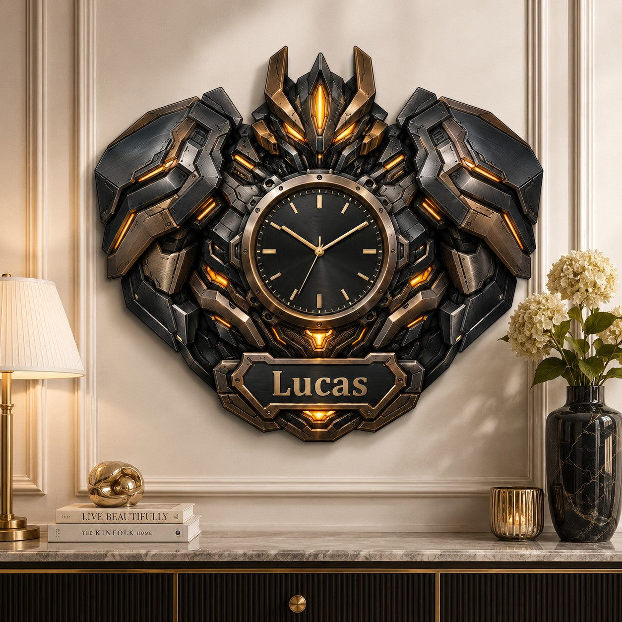 Bronze robot Custom Name Wall Clock — personalized with a custom name