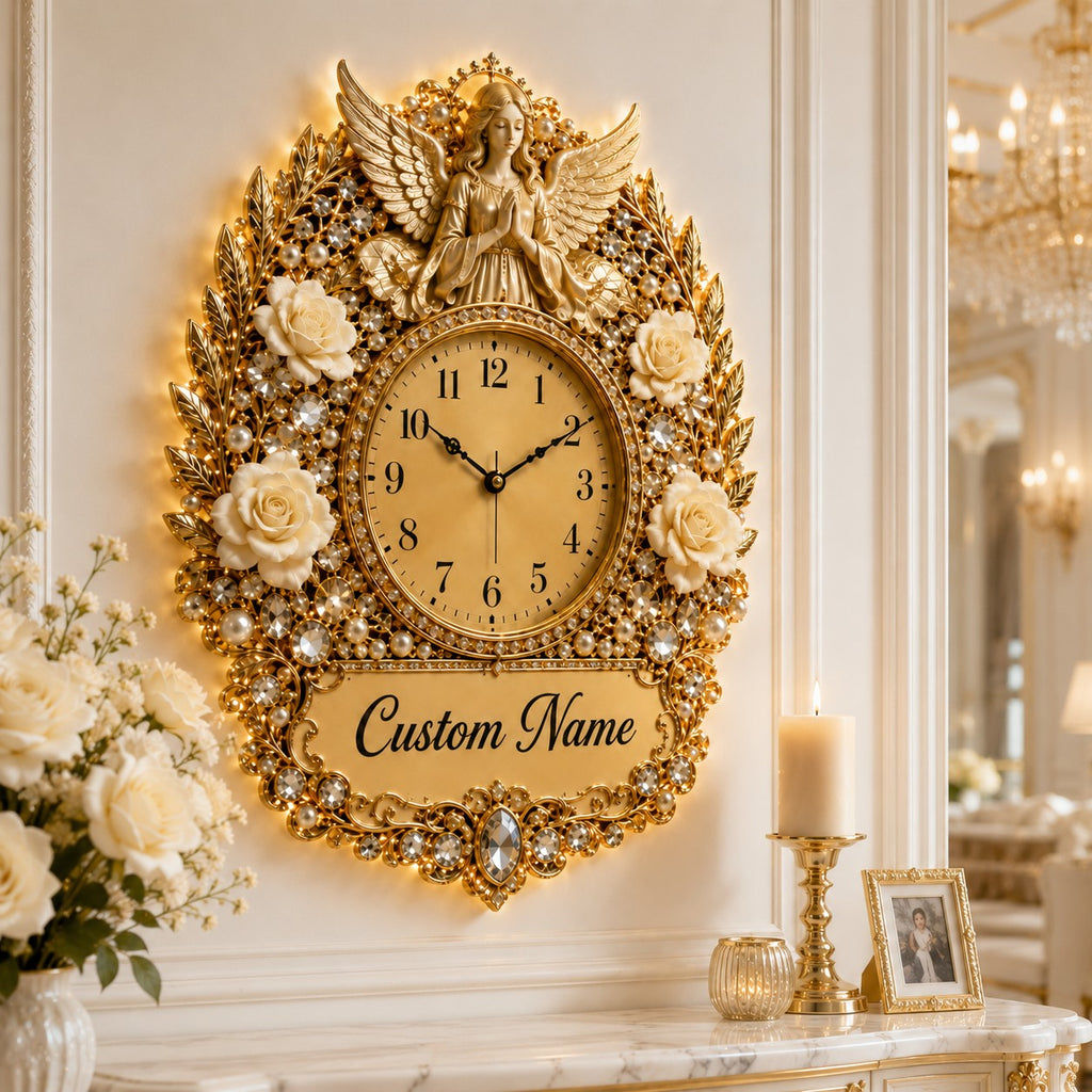White Rose Angel Memoria Custom Name Wall Clock — personalized with a custom name