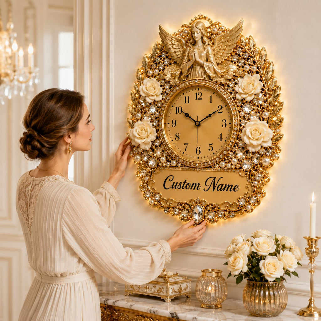 White Rose Angel Memoria Custom Name Wall Clock — personalized with a custom name