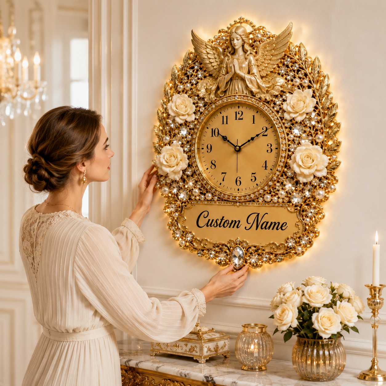 White Rose Angel Memoria Custom Name Wall Clock — personalized with a custom name