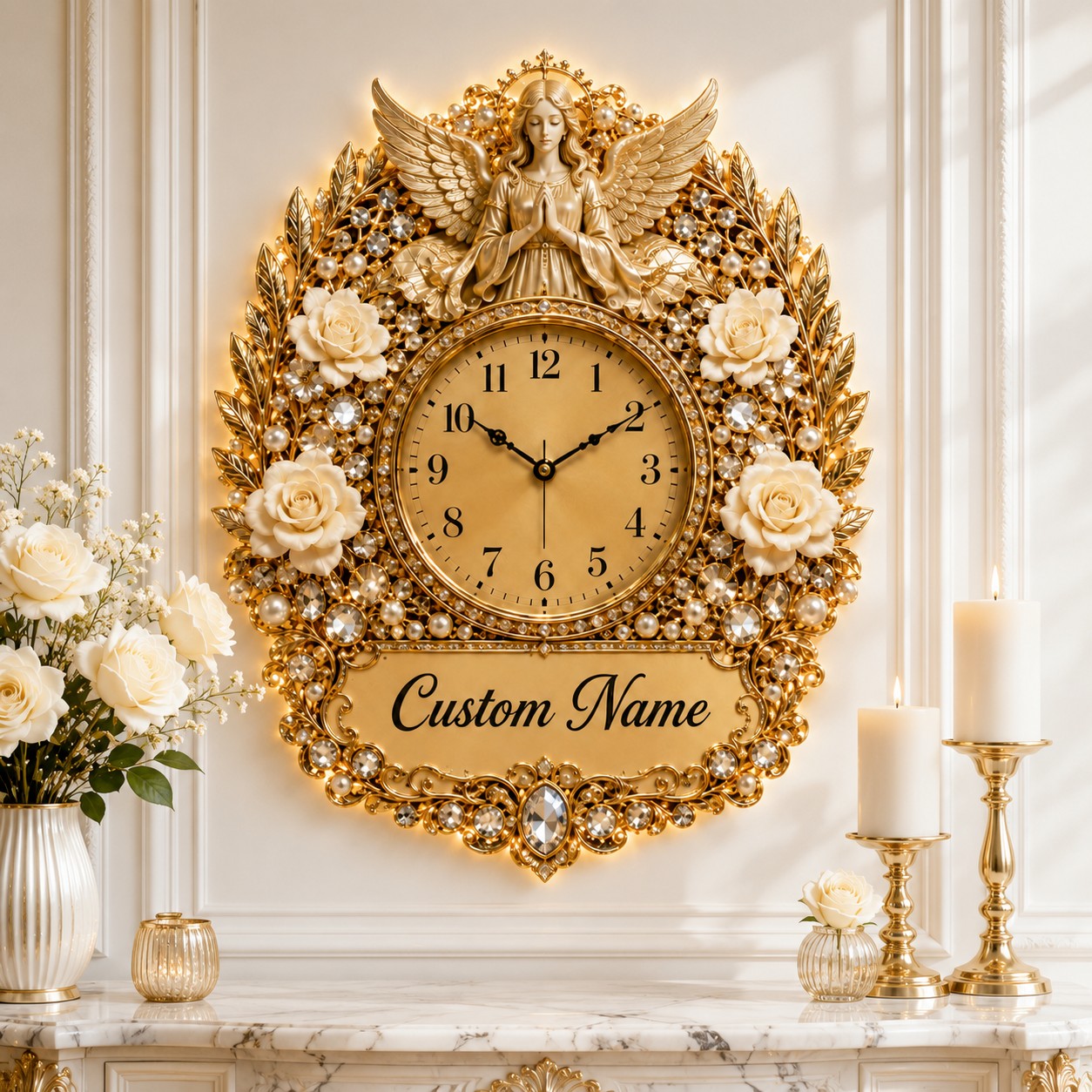 White Rose Angel Memoria Custom Name Wall Clock — personalized with a custom name