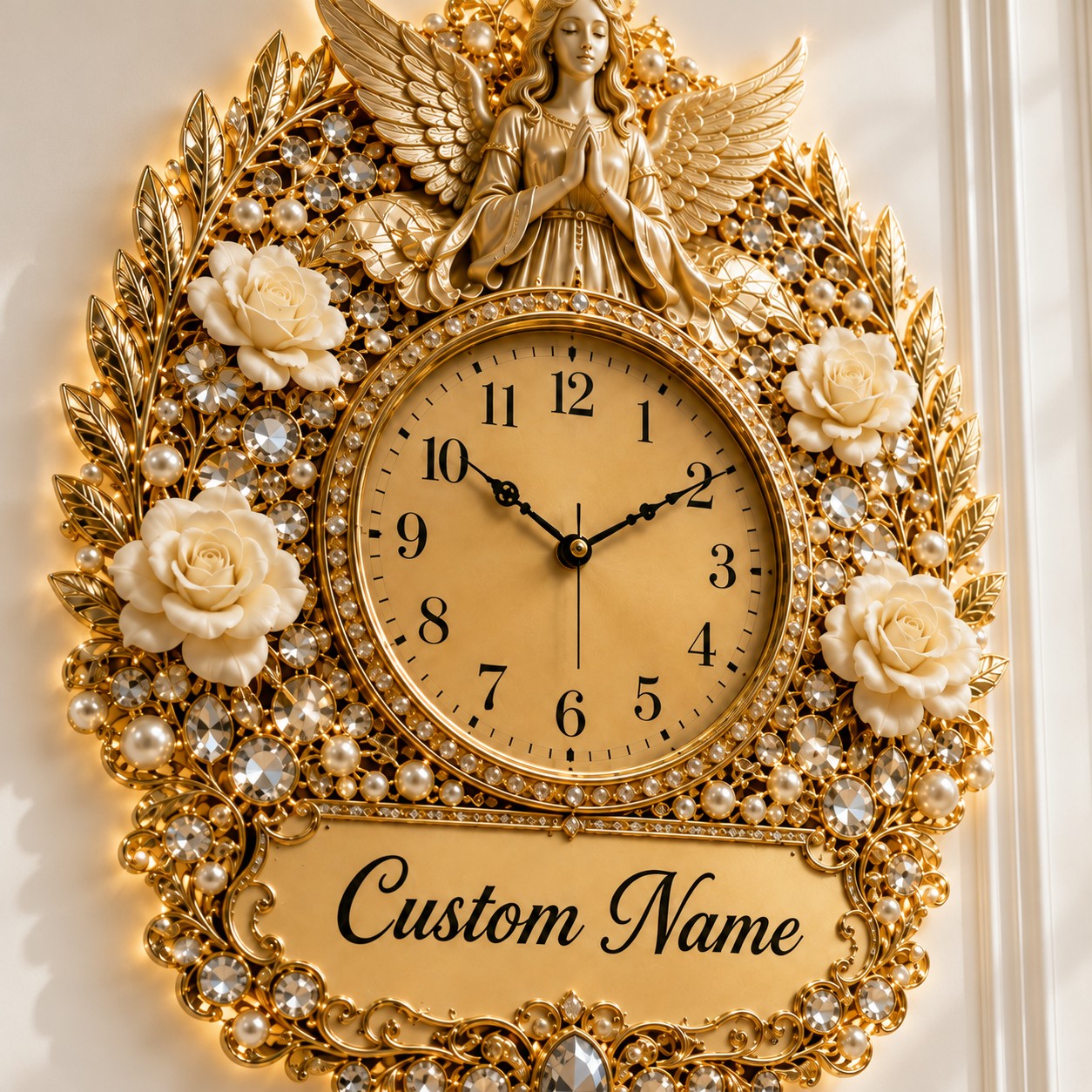 White Rose Angel Memoria Custom Name Wall Clock — personalized with a custom name