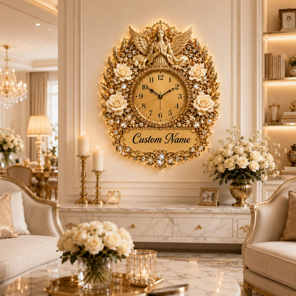 White Rose Angel Memoria Custom Name Wall Clock — personalized with a custom name