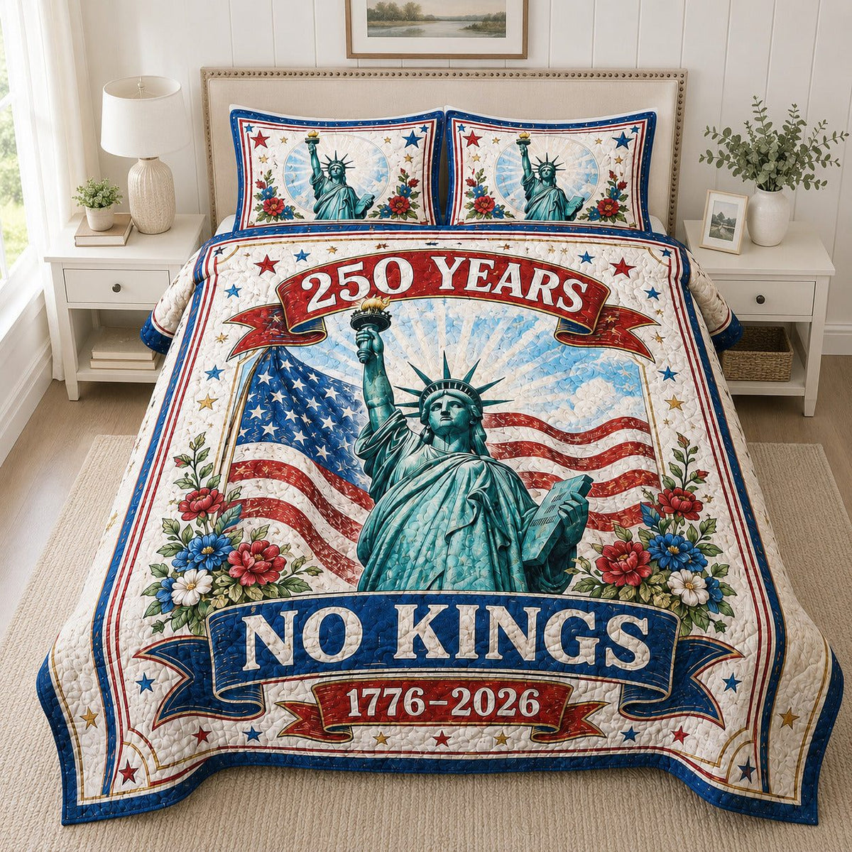 250 years No Kings 3-Piece Quilted Bedding Set GFTOLAN27 quilted 3-piece bedding set on a made bed with two matching pillow shams