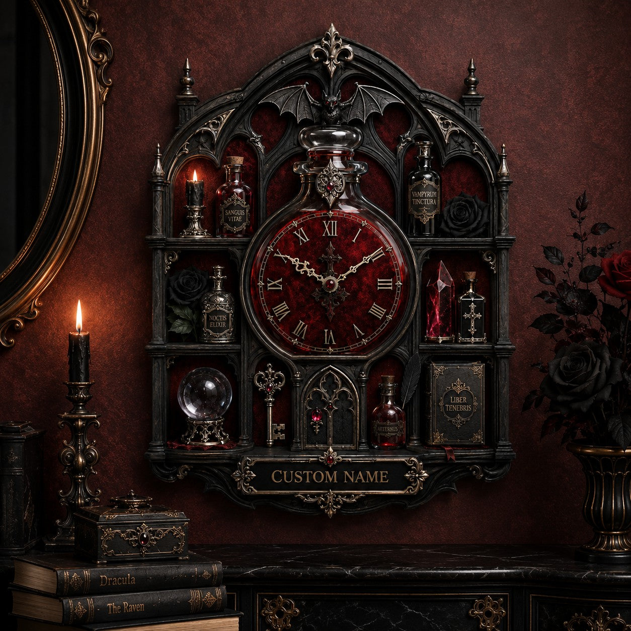 Gothic apothecary Custom Name Wall Clock — personalized with a custom name