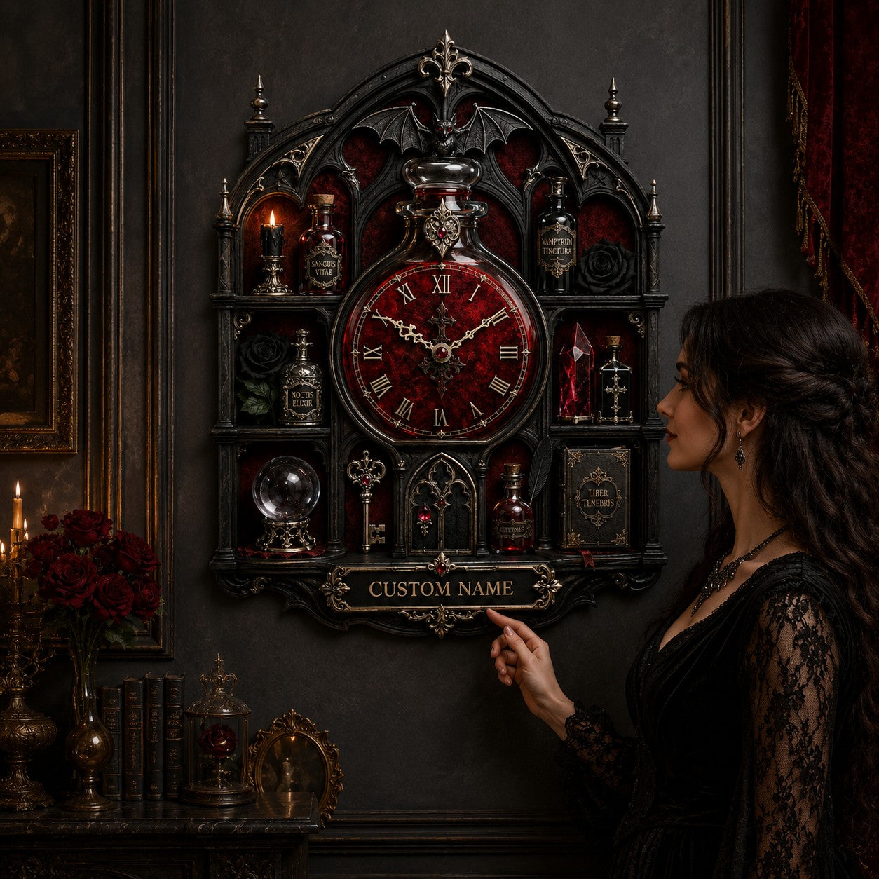 Gothic apothecary Custom Name Wall Clock — personalized with a custom name