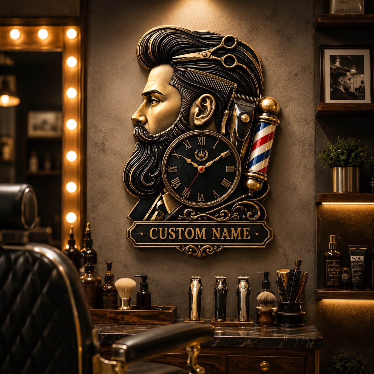 Barber shop Custom Name Wall Clock — personalized with a custom name
