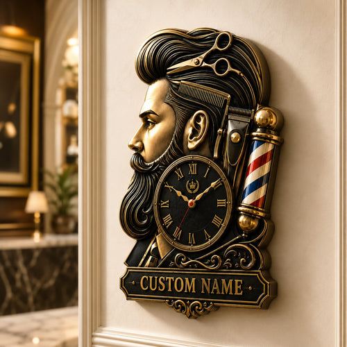Barber shop Custom Name Wall Clock — personalized with a custom name