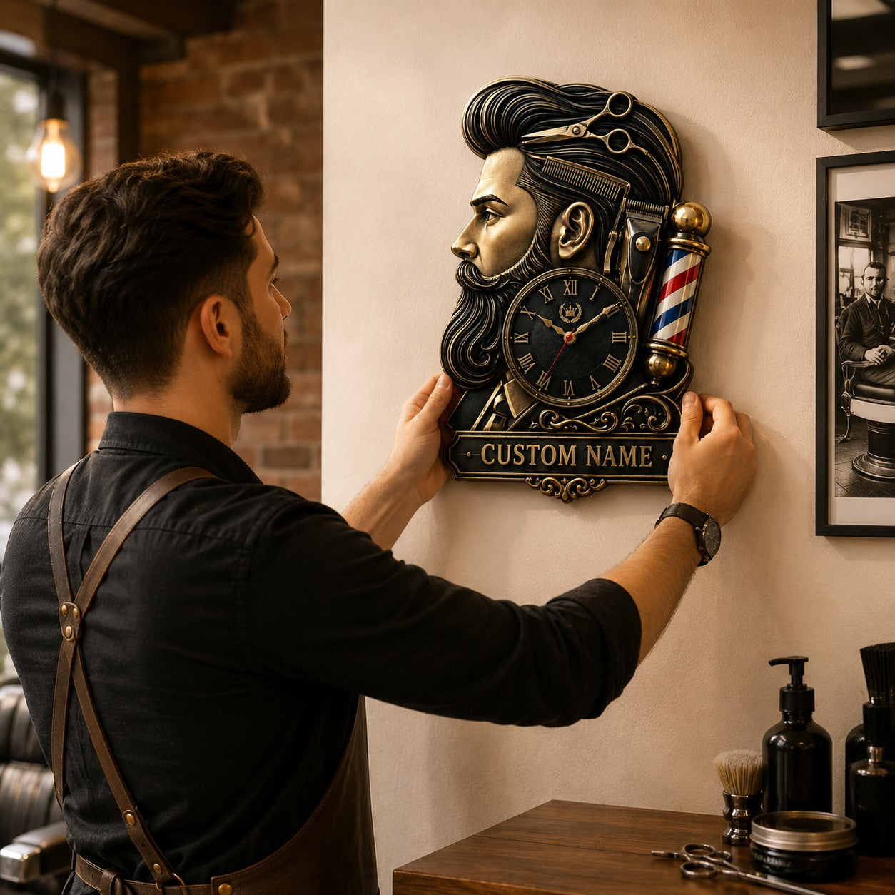 Barber shop Custom Name Wall Clock — personalized with a custom name