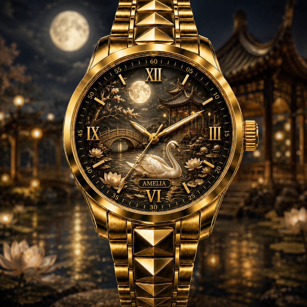Custom Moonlit Swan Garden Watch — personalized with a custom name