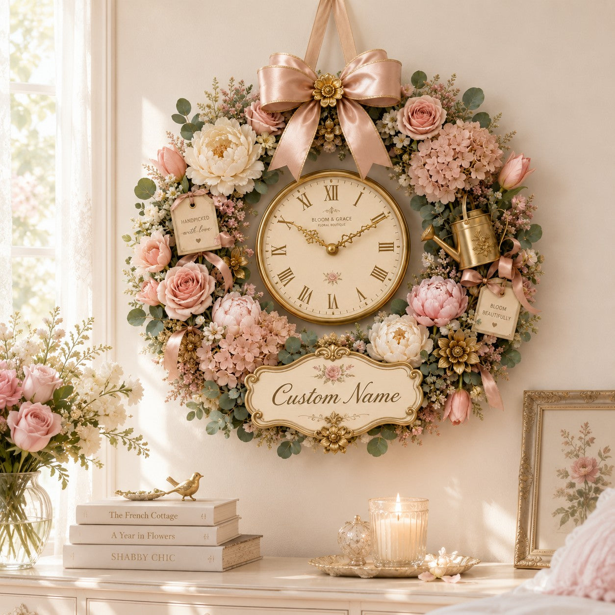 Floral wreath Custom Name Wall Clock — personalized with a custom name