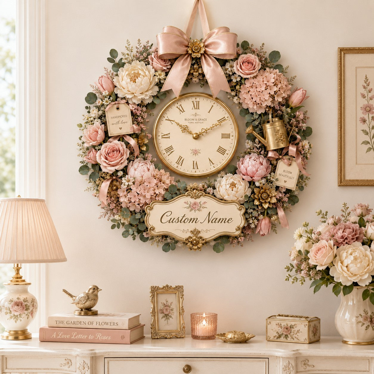 Floral wreath Custom Name Wall Clock — personalized with a custom name