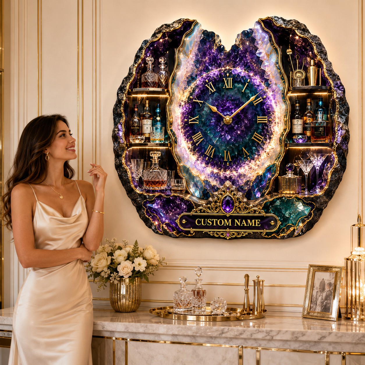 Personalized geode bar wall clock — personalized with a custom name