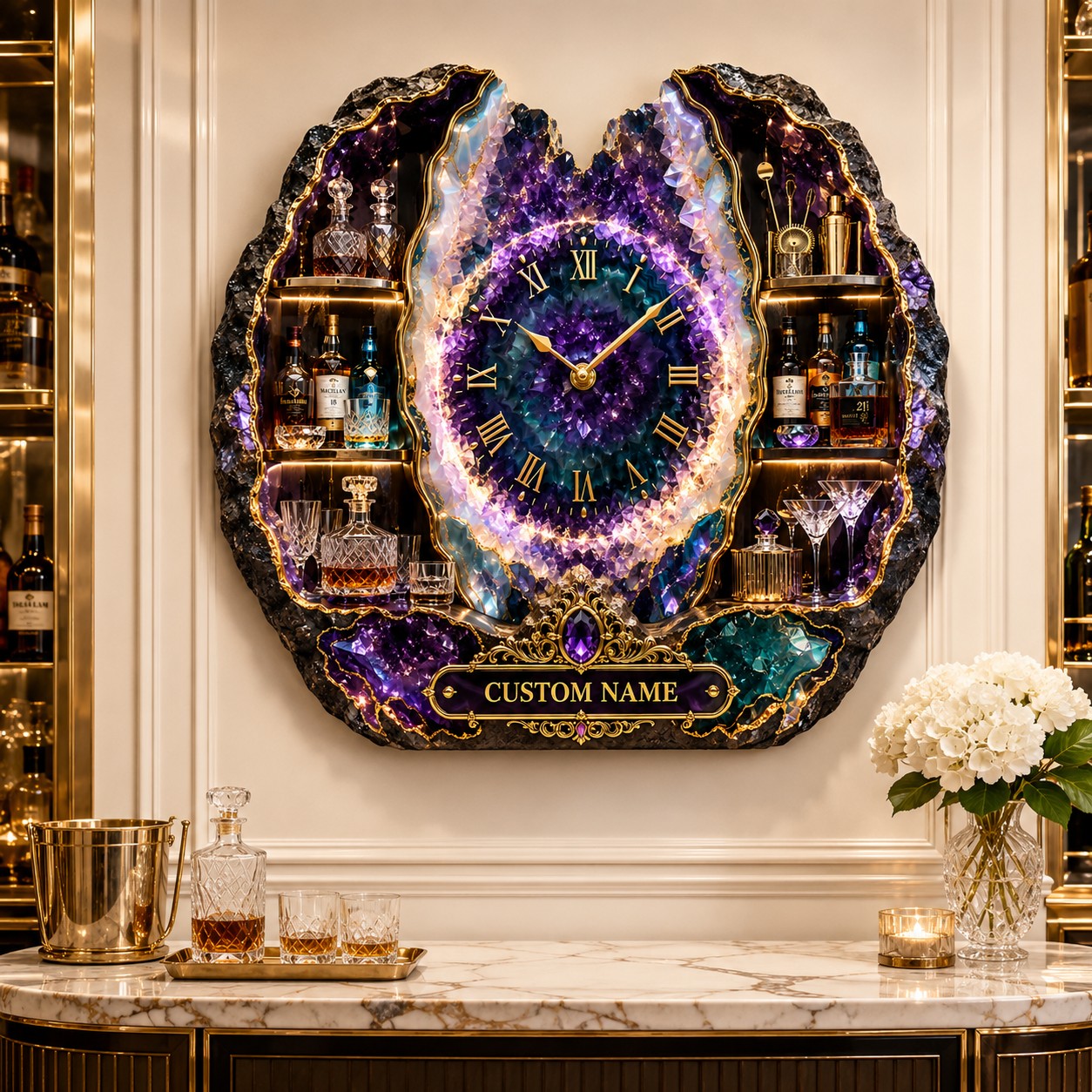 Personalized geode bar wall clock — personalized with a custom name