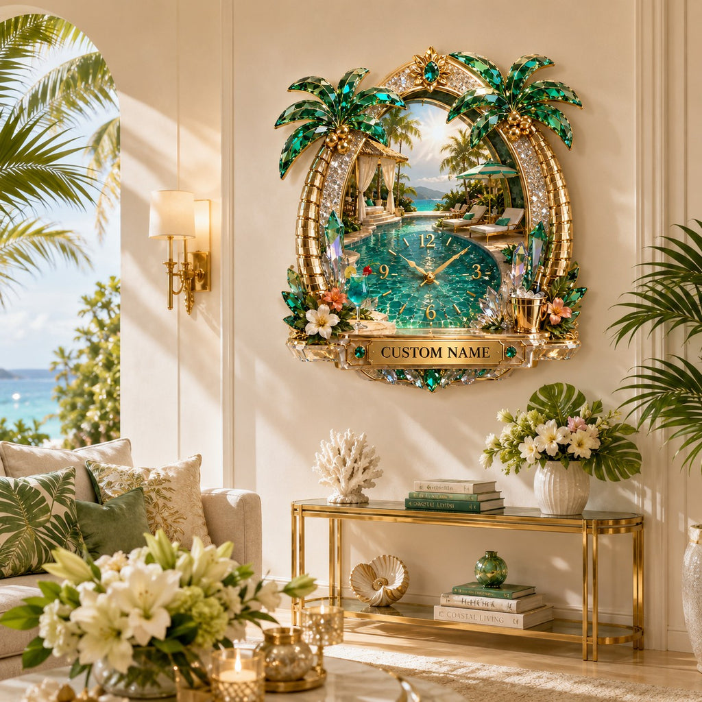 Tropical pool Custom Name Wall Clock — personalized with a custom name