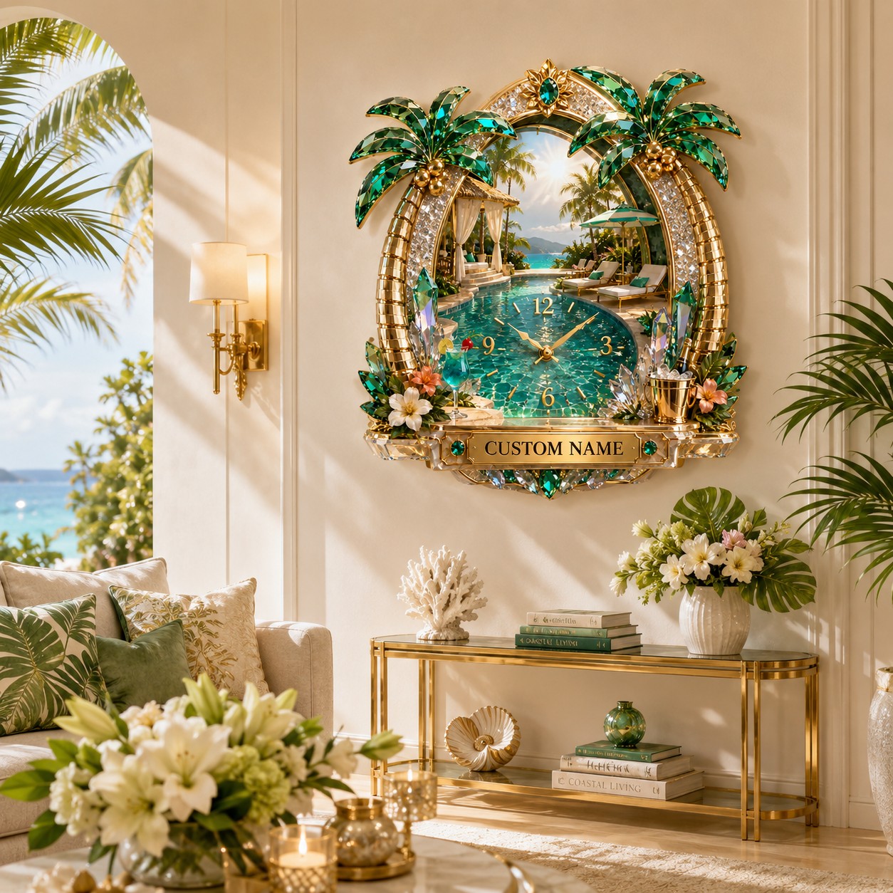 Tropical pool Custom Name Wall Clock — personalized with a custom name