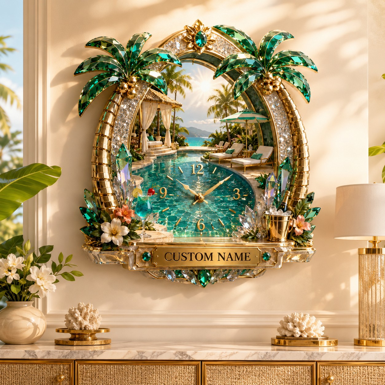 Tropical pool Custom Name Wall Clock — personalized with a custom name
