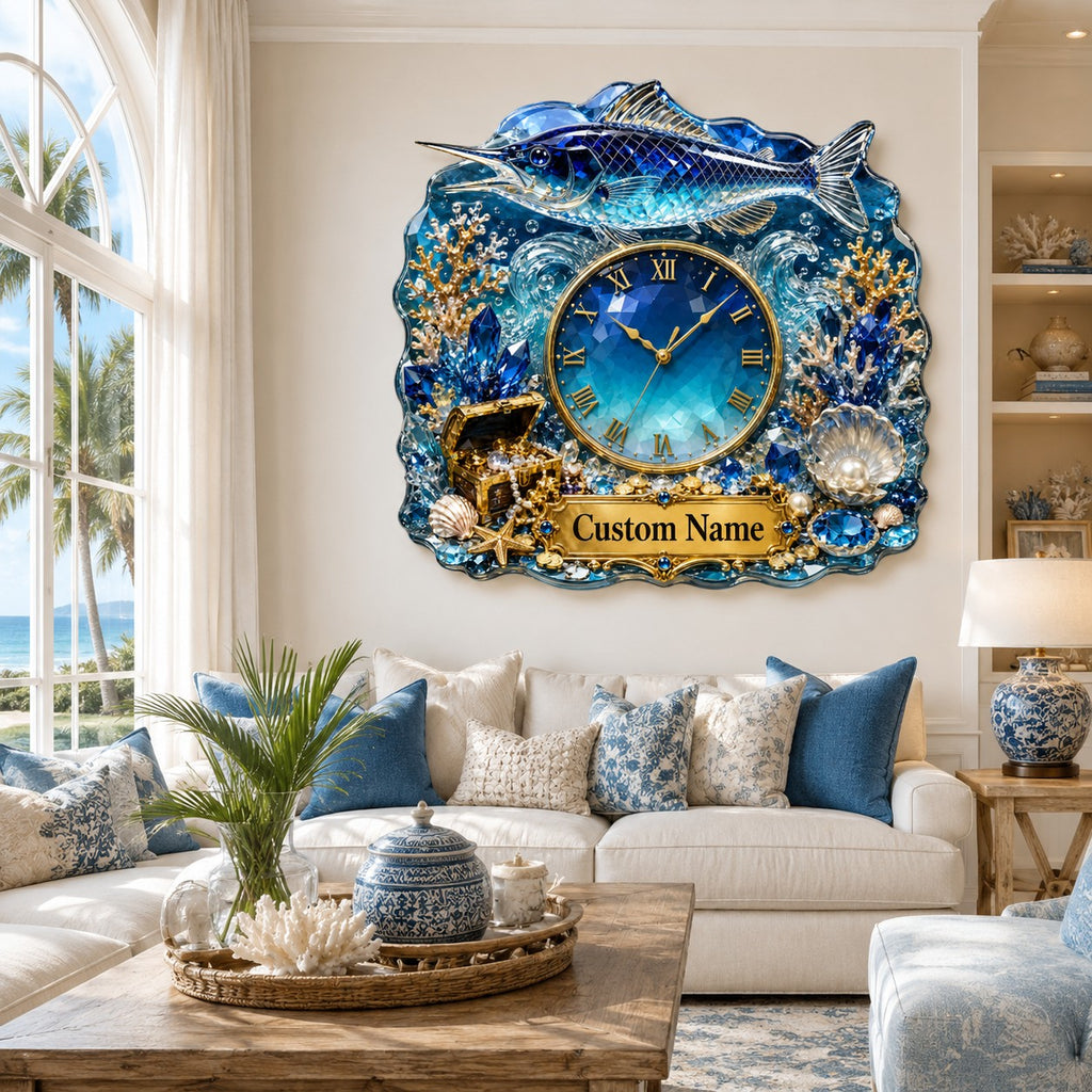 Sapphire marlin Custom Name Wall Clock — personalized with a custom name