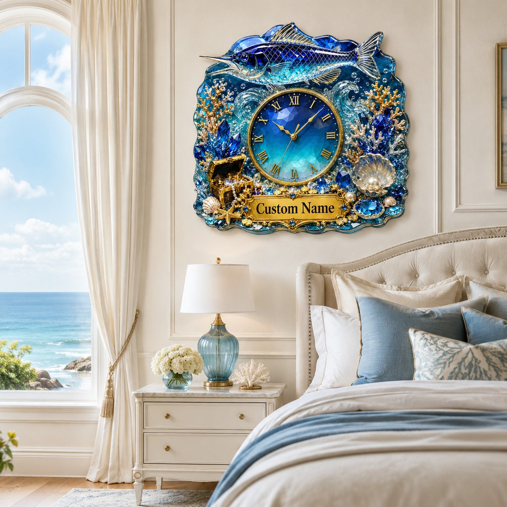 Sapphire marlin Custom Name Wall Clock — personalized with a custom name